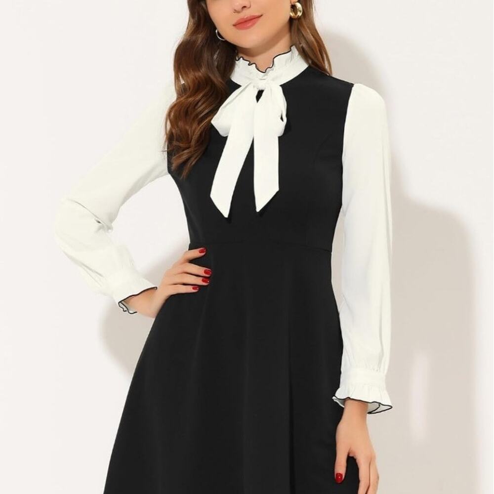 Allegra K Tie Neck Dresses for Women's 1960s Vintage Long Sleeve Contrast Color